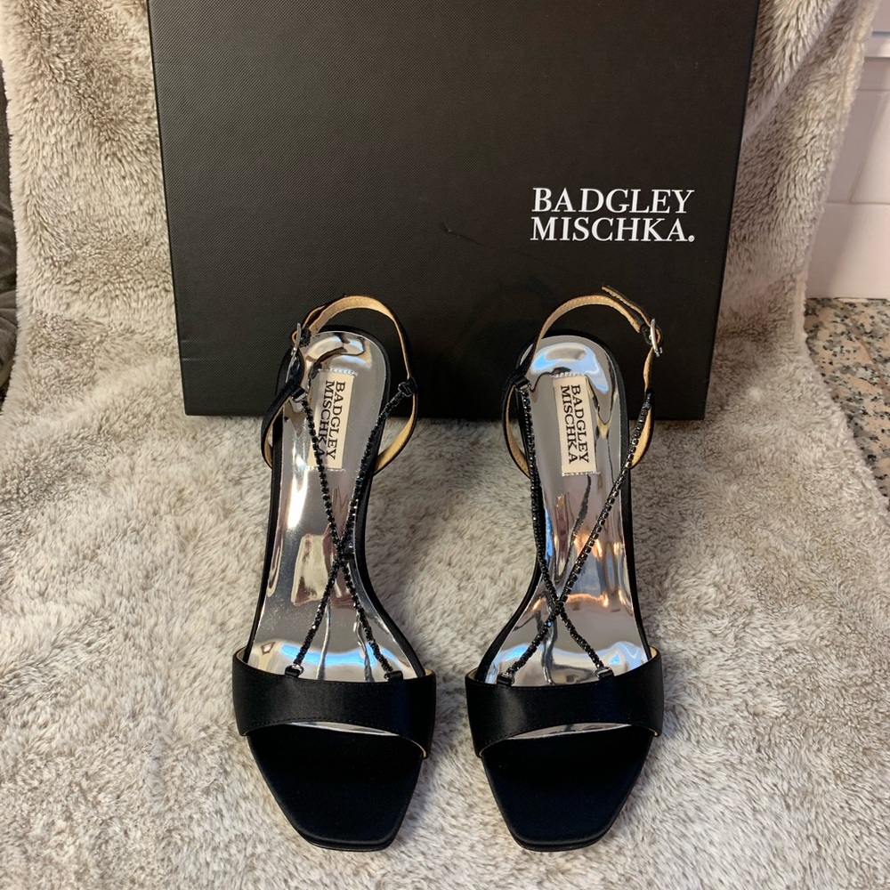 Badgley Mischka Neville Embellished High Heel Sandals
Black Satin, Size 8 NEW
